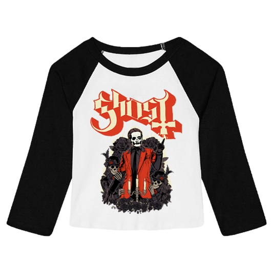 A 3/4 sleeve raglan baseball t-shirt featuring the band 'Ghost' logo in red and black above a graphic of a skeleton in a red suit.