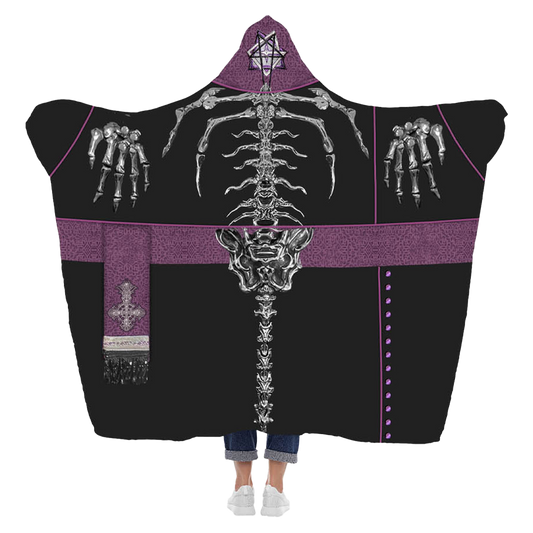 Hooded blanket with skeleton design and purple accents on a white background