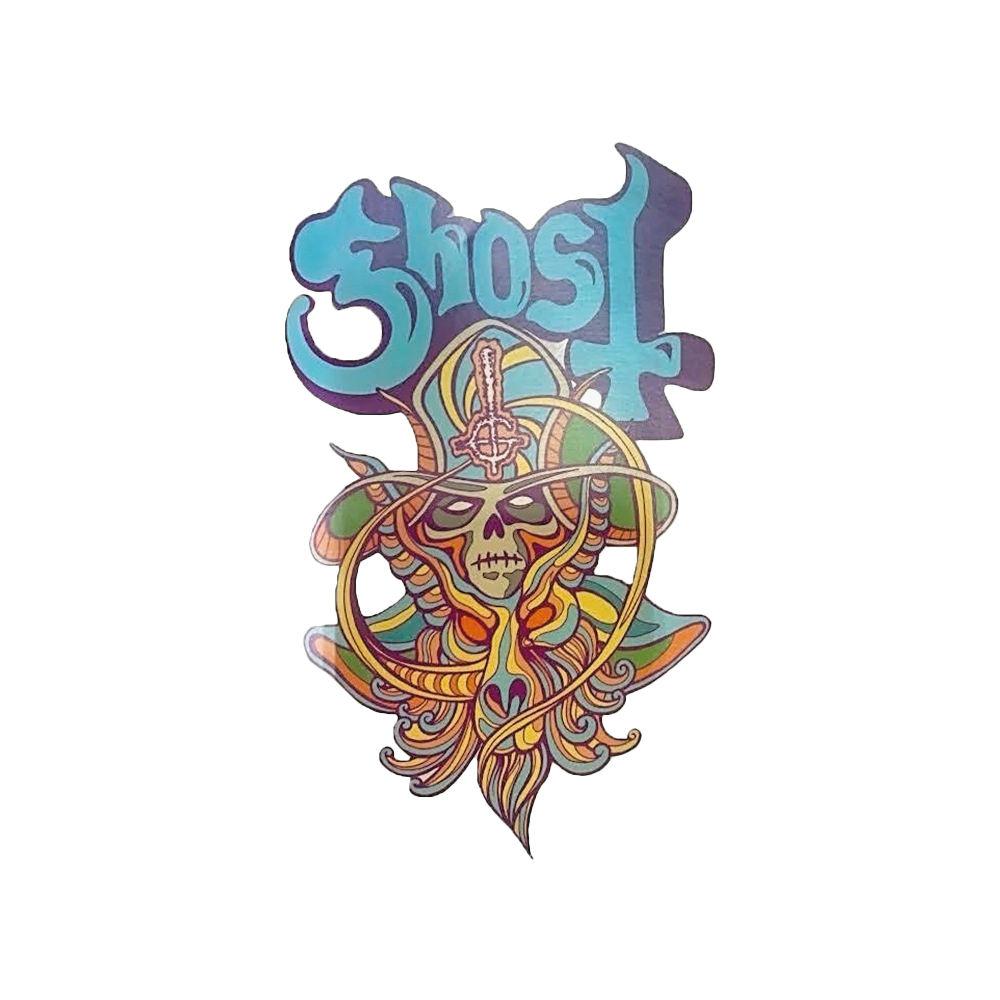 Add a splash of color and a dose of mysticism to your collection with this Seven Inches of Satanic Panic Decal. Featuring an intricate, vividly vibrant design of a menacing goat skull adorned with flowing details and the signature Ghost logo in bold purples and blues.