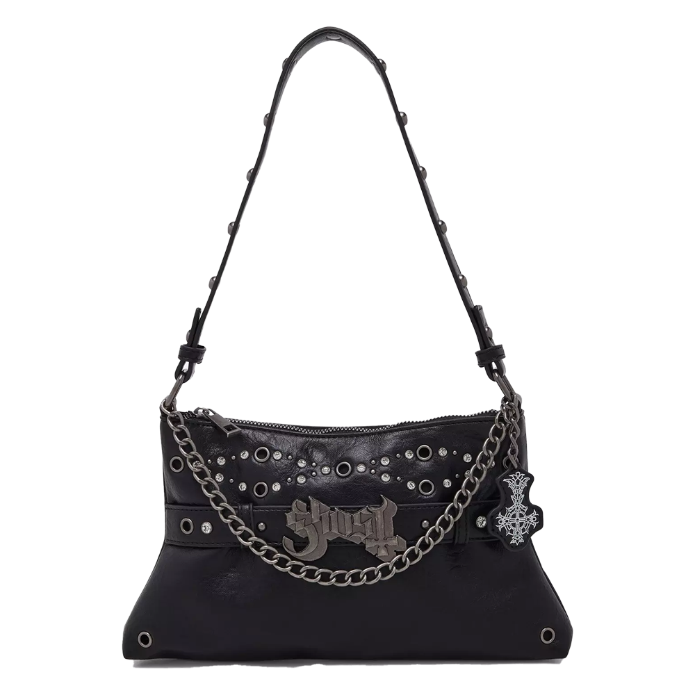 Black handbag with chain detail and decorative elements on a white background