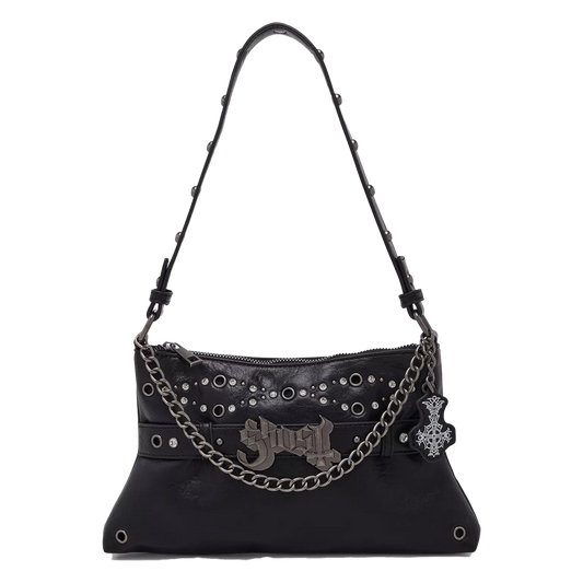 Black handbag with chain detail and decorative elements on a white background