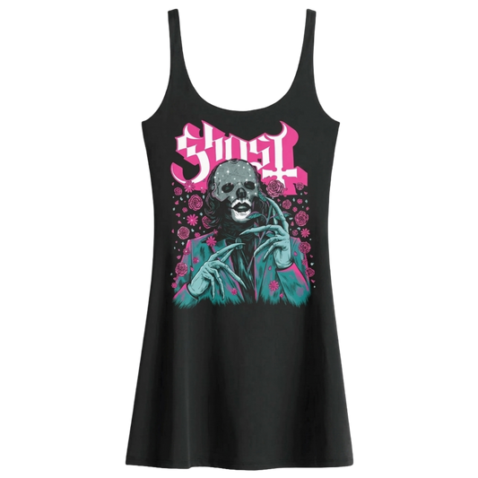 Black tank top with a graphic design of a skeleton and the word 'SINISTRE' on a white background.