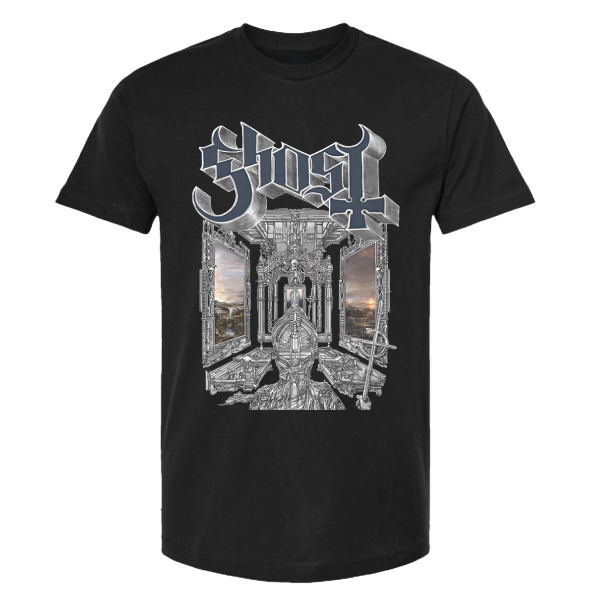 Ghost Skeletá Album Cover T-Shirt features an intricate, album-inspired design, which showcases a detailed skeletal figure sitting upon a throne in a cathedral-like structure, flanked by eerie open windows revealing a twilight landscape.