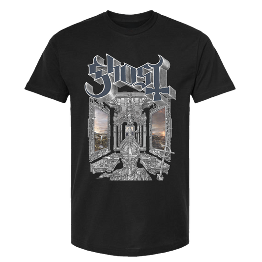 Ghost Skeletá Album Cover T-Shirt features an intricate, album-inspired design, which showcases a detailed skeletal figure sitting upon a throne in a cathedral-like structure, flanked by eerie open windows revealing a twilight landscape.