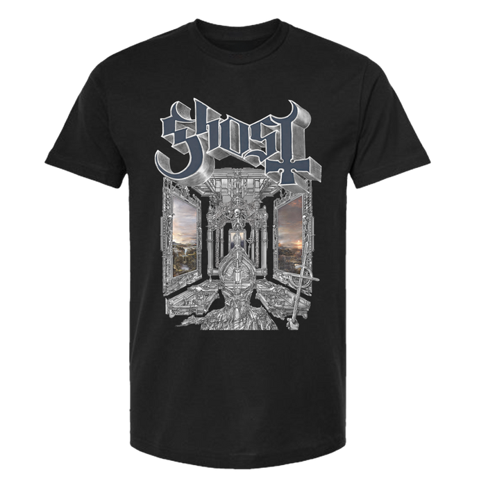 Ghost Skeletá Album Cover T-Shirt features an intricate, album-inspired design, which showcases a detailed skeletal figure sitting upon a throne in a cathedral-like structure, flanked by eerie open windows revealing a twilight landscape.