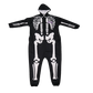 A one-size-fits-all skeleton adult onesie with a hood and zip front featuring a white skeleton print on black fabric.
