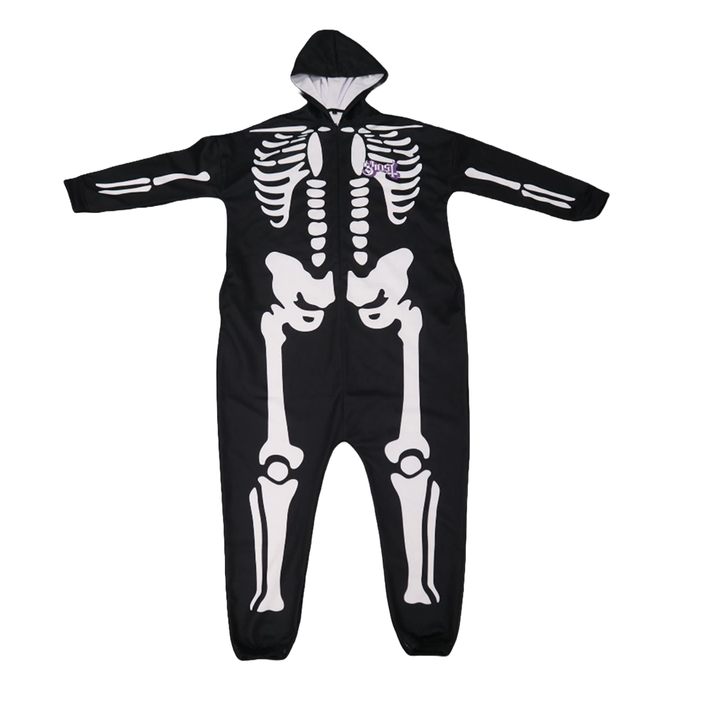 A one-size-fits-all skeleton adult onesie with a hood and zip front featuring a white skeleton print on black fabric.