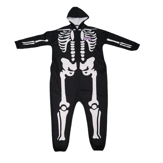 A one-size-fits-all skeleton adult onesie with a hood and zip front featuring a white skeleton print on black fabric.