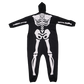 Adult Skeleton onsie that is all black and has a white skeleton print on it.