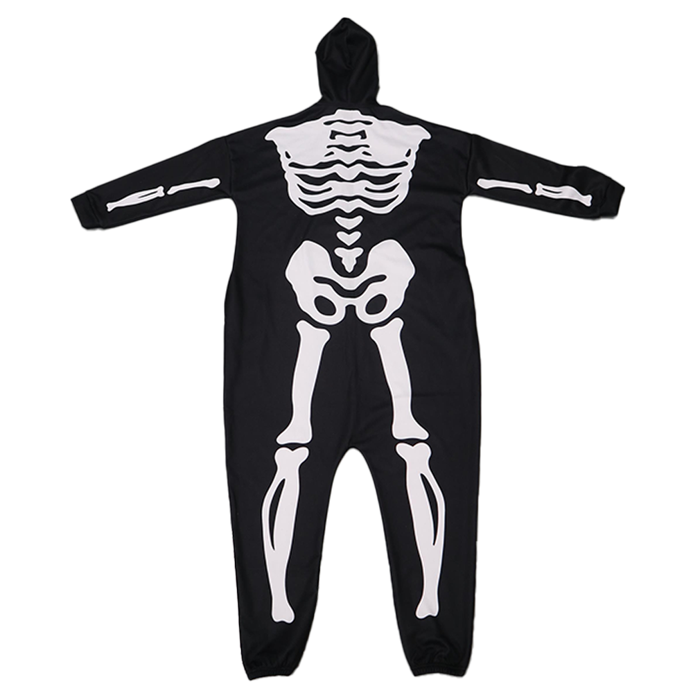 Adult Skeleton onsie that is all black and has a white skeleton print on it.