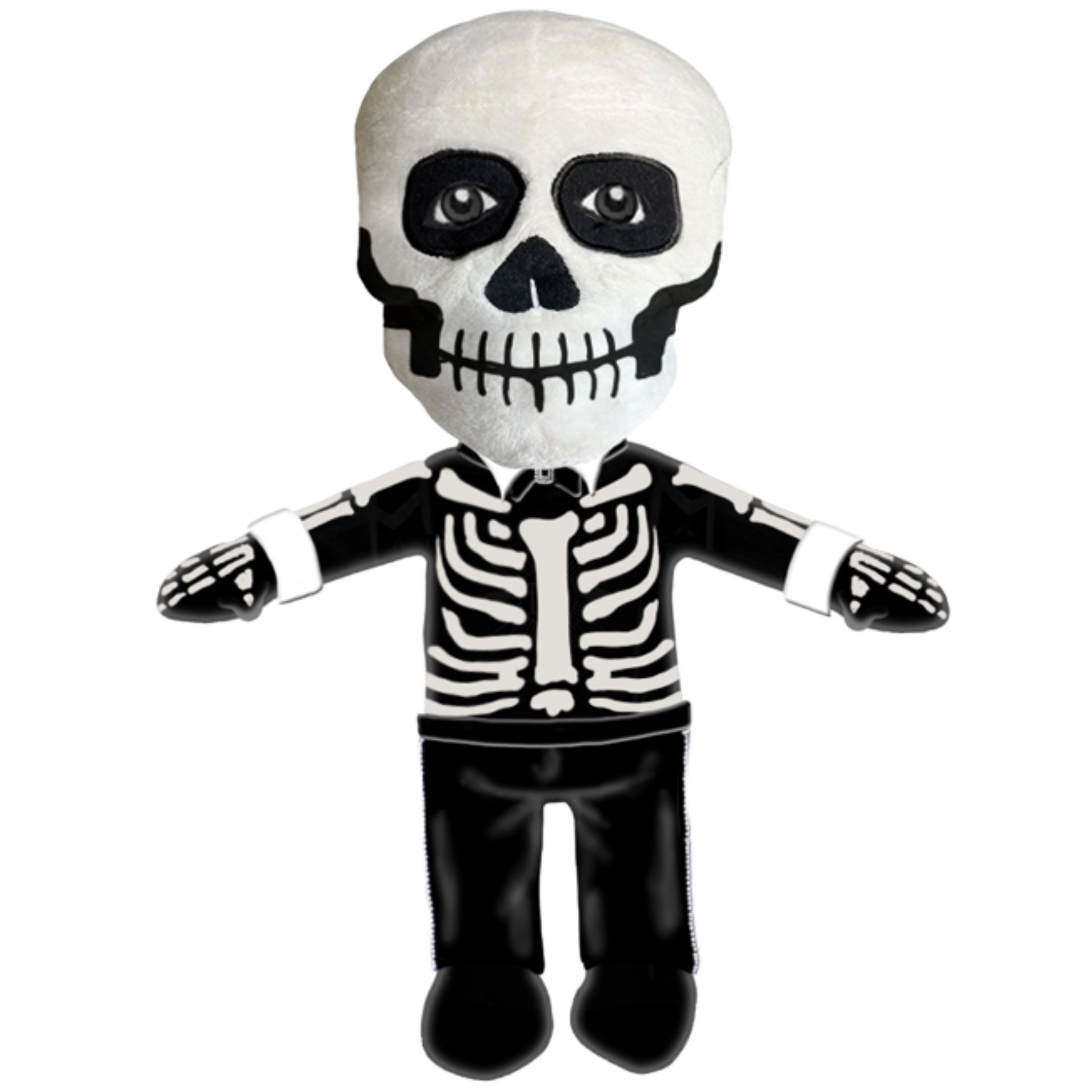 Skeleton plush toy with a rhinestone bow tie on a white background