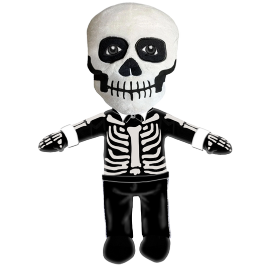 Skeleton plush toy with a rhinestone bow tie on a white background