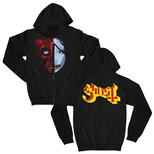 Black hoodie with a split design of a face and the word 'Ghost' on a white background
