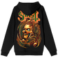 Black hoodie with a graphic design on the back featuring a stylized face and text.