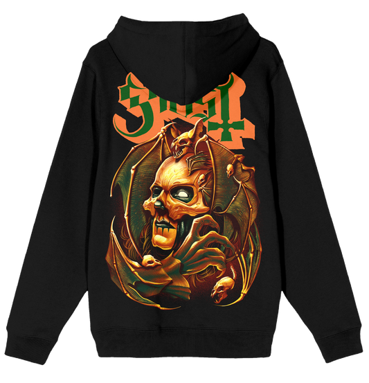 Black hoodie with a graphic design on the back featuring a stylized face and text.