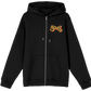 Black hoodie with a logo on the chest against a white background