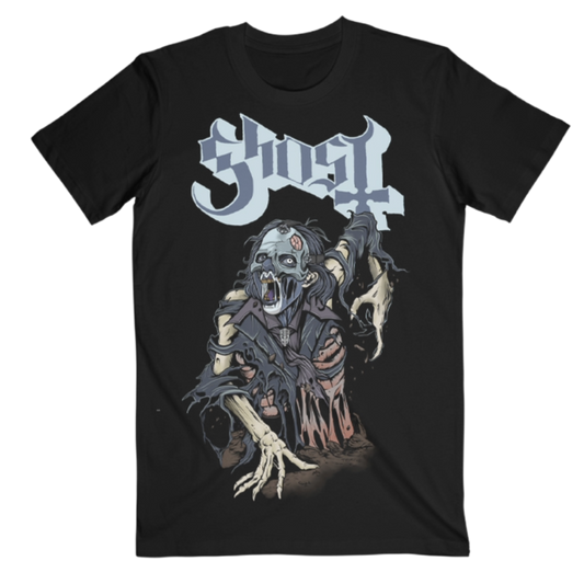 Ghost T-shirt with a Ghoul like zombie and Ghost Logo printed on the front.