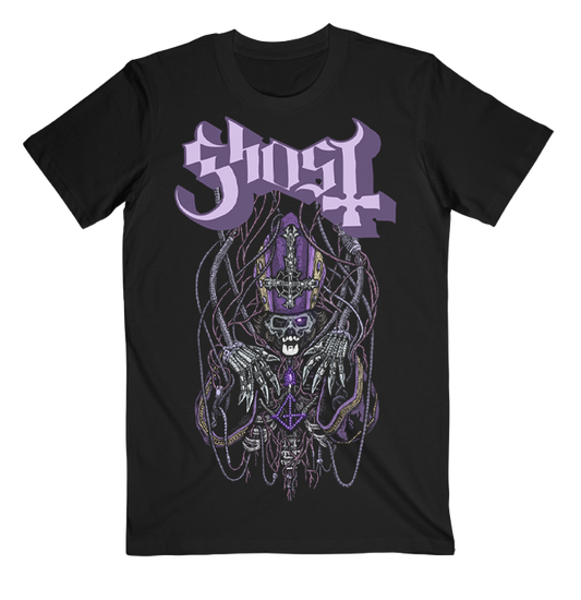 Ghost Black T-Shirt that features a striking Papa-inspired skeletal artwork surrounded by tangled wire detailing, finished with bold purple accents and the Ghost logo across the chest