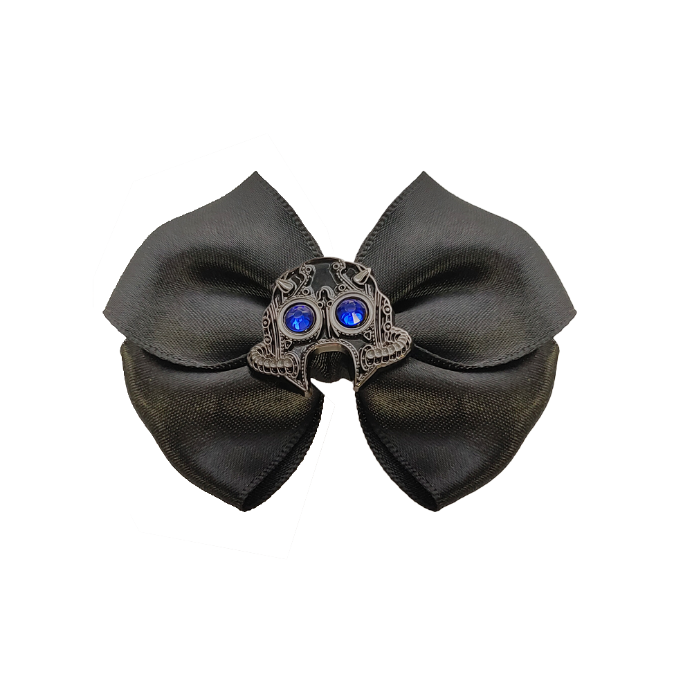 Ghoul inspired bow, complete with alligator clip for easy wear. Perfect for concerts, cosplay, or everyday wear, this bold accessory adds a touch of dark sophistication to any outfit.
