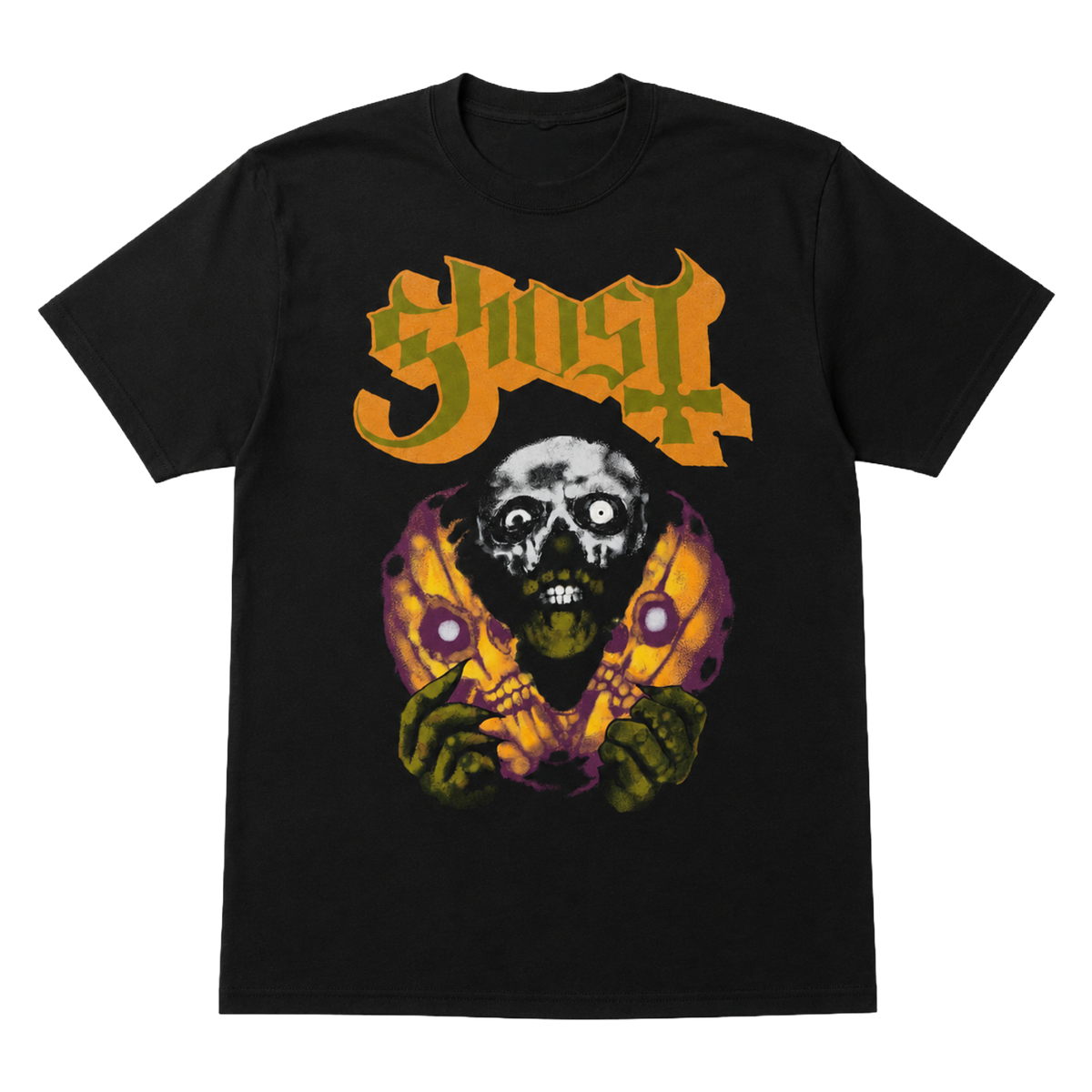 A black short-sleeve t-shirt featuring a graphic print of the band Ghost's skull logo in orange and yellow above a zombie skull and green hands reaching out, set against a plain white background.