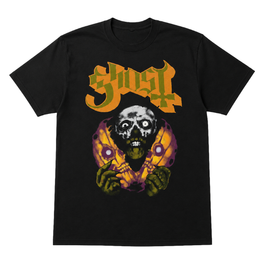 A black short-sleeve t-shirt featuring a graphic print of the band Ghost's skull logo in orange and yellow above a zombie skull and green hands reaching out, set against a plain white background.