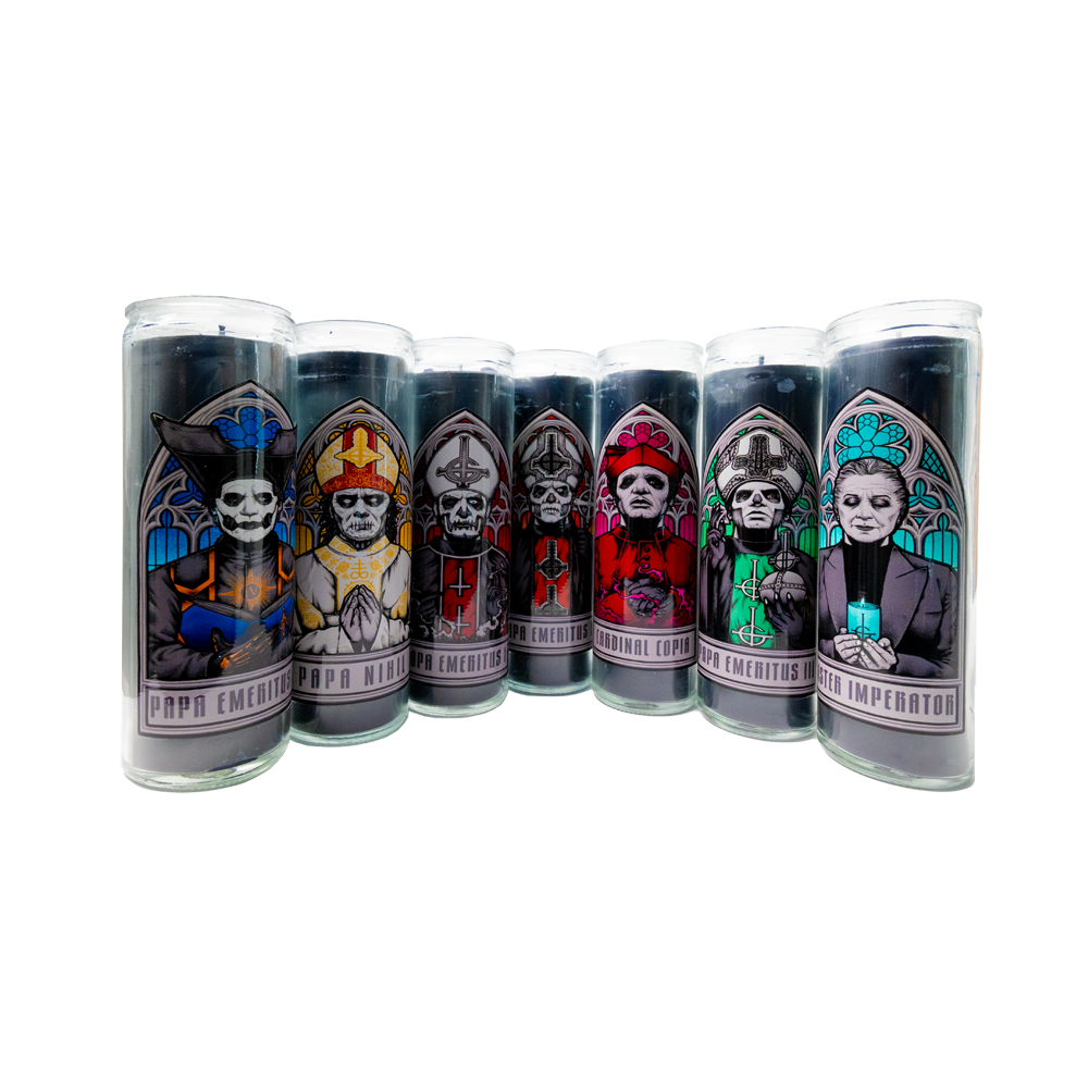 This Ghost Store Exclusive Prayer Candle Set pays tribute to the mystic Sister Imperator, the revered Papas who have transcended, and the majestic Papa IV.