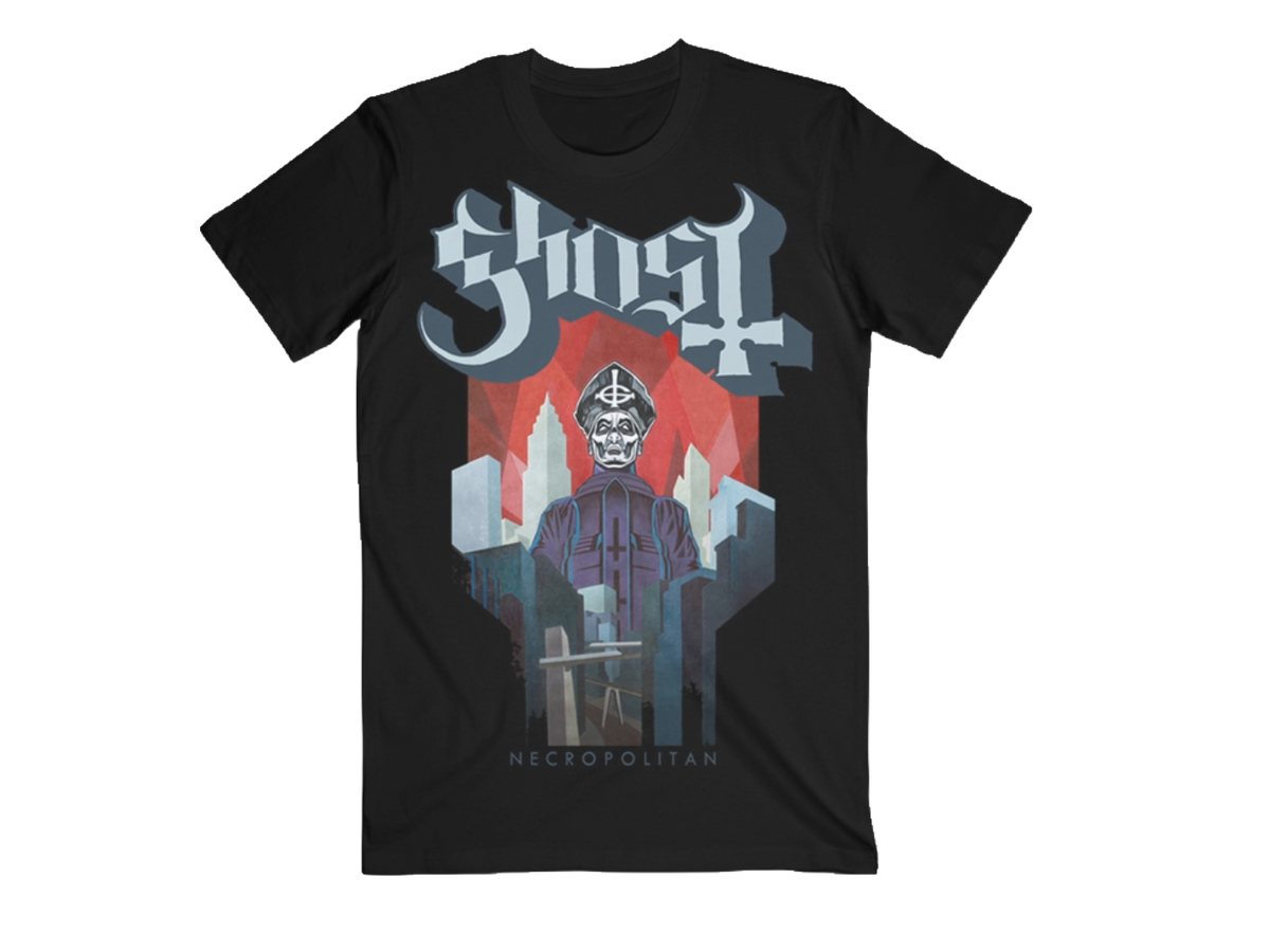 Black t-shirt with a graphic design featuring a skeleton in a suit and 'Ghost' branding on a white background.