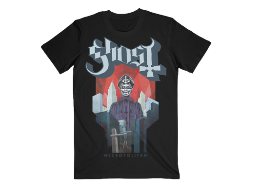 Black t-shirt with a graphic design featuring a skeleton in a suit and 'Ghost' branding on a white background.