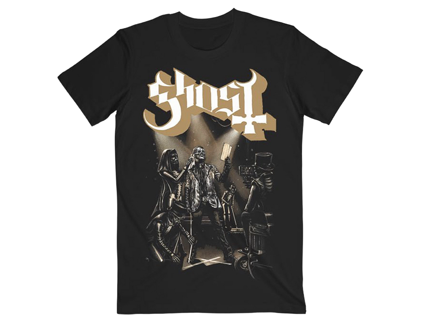 Black t-shirt with 'Ghost' band graphic design on a white background