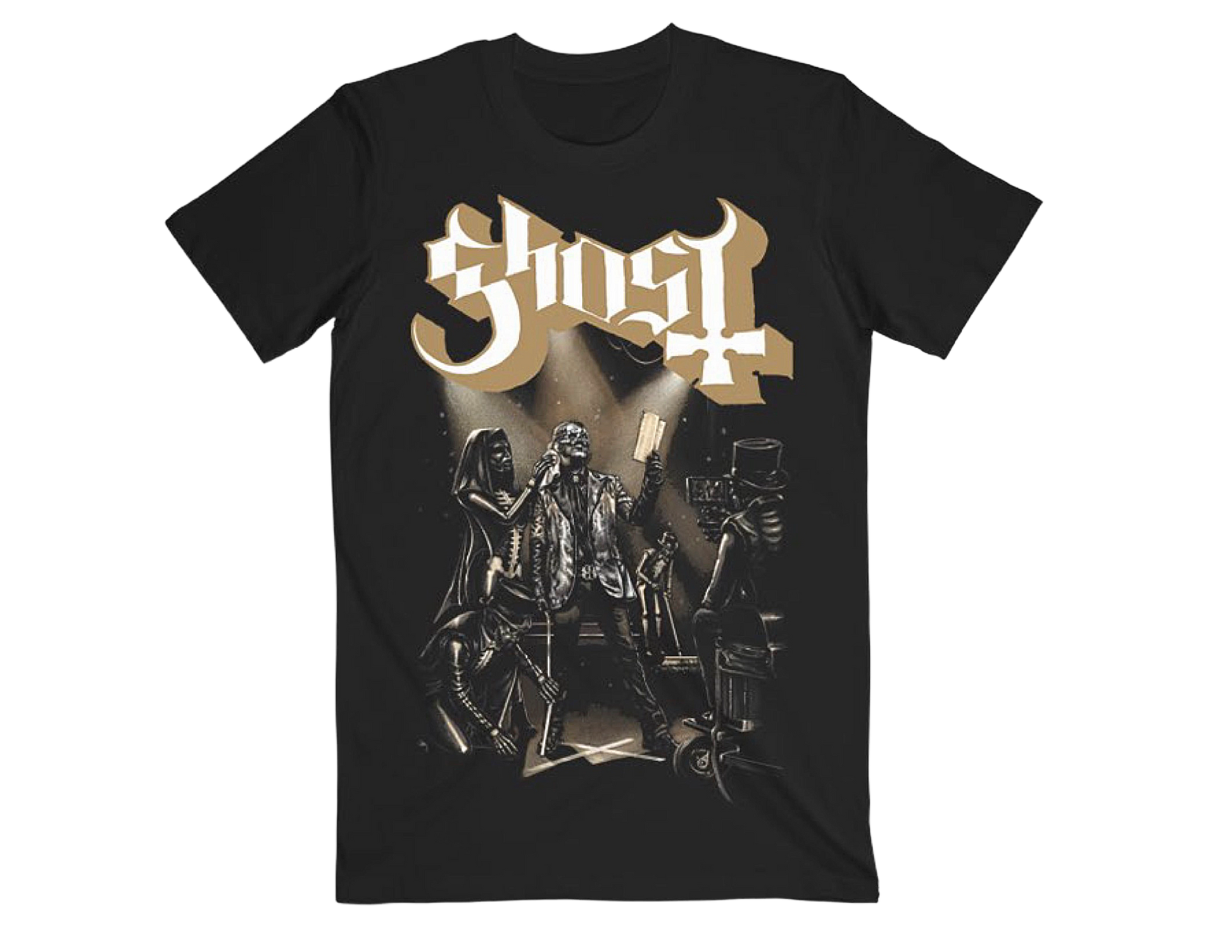 Black t-shirt with 'Ghost' band graphic design on a white background