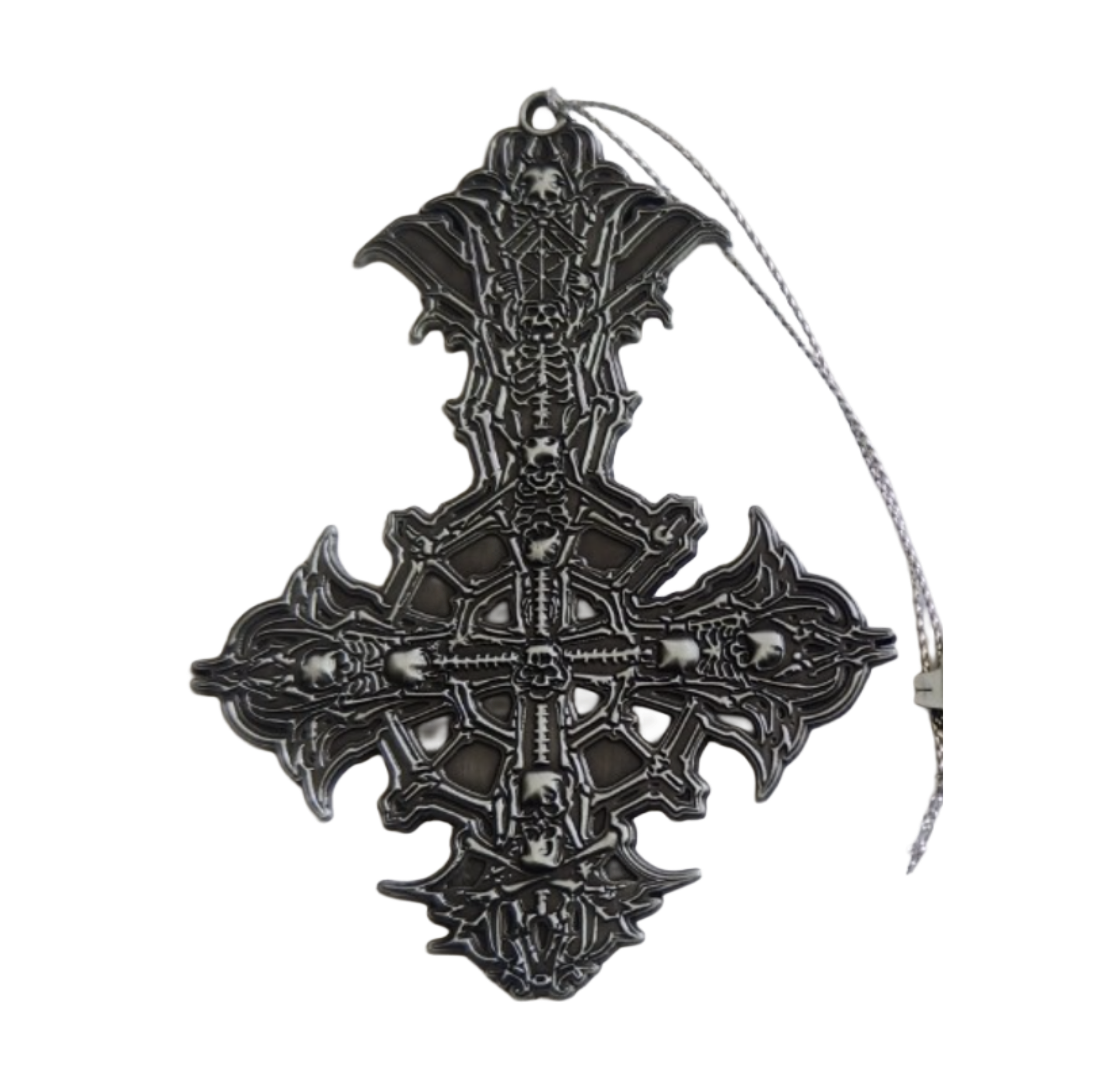 Decorative black cross pendant with intricate designs on a white background