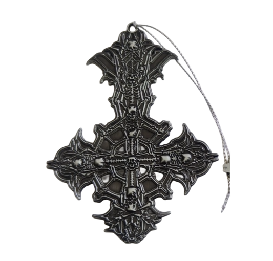 Decorative black cross pendant with intricate designs on a white background