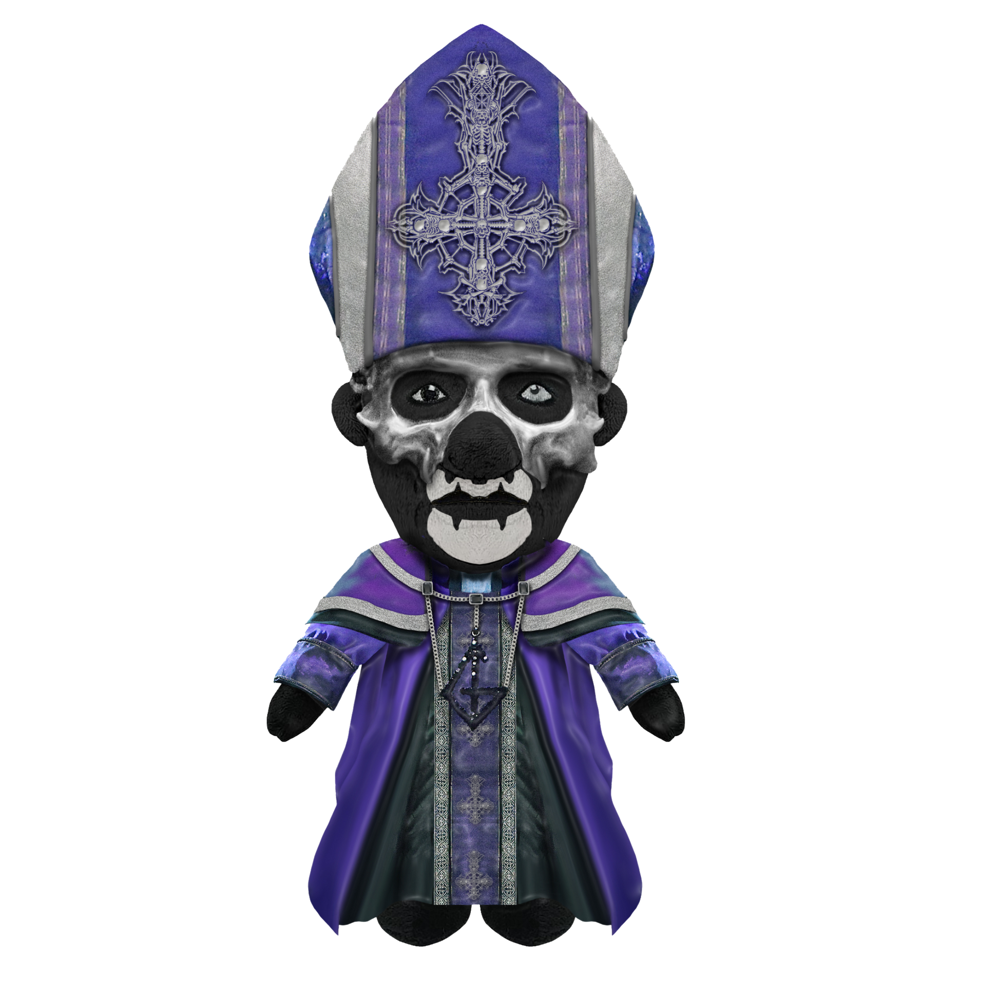 Plush toy of a skeleton wearing a purple robe and hat on a white background