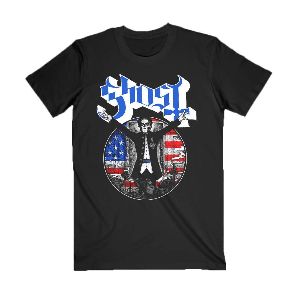 Papa Emeritus featured in front of a distressed red, white, and blue backdrop adds a gritty, vintage feel, while the bold Ghost logo in blue the patriotic look.