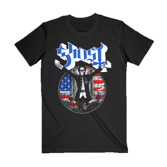 Papa Emeritus featured in front of a distressed red, white, and blue backdrop adds a gritty, vintage feel, while the bold Ghost logo in blue the patriotic look.