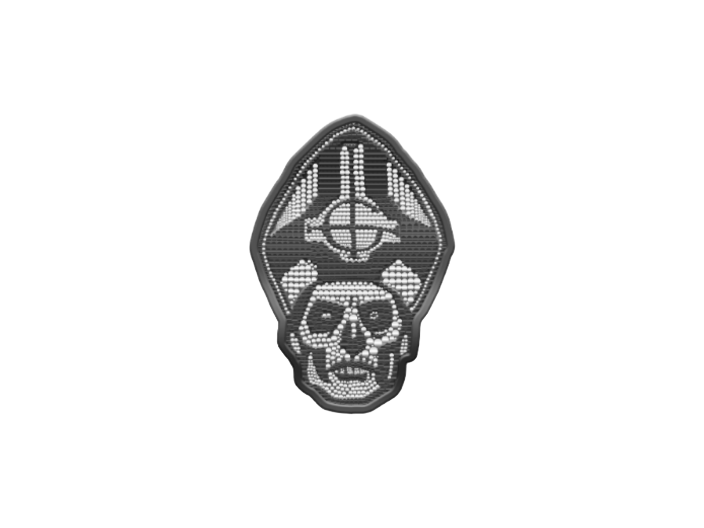 Black and white skull patch with a logo on a white background