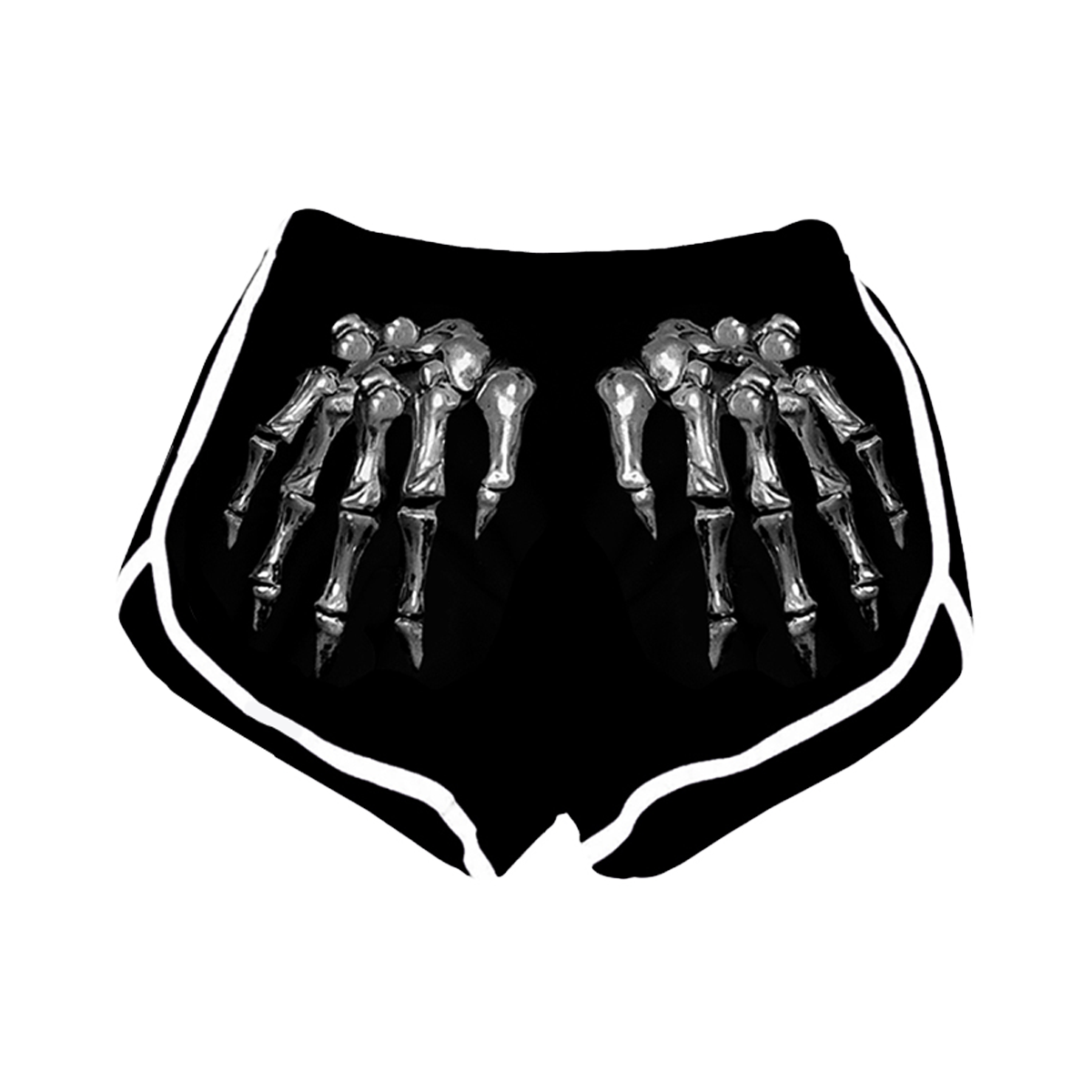 Black shorts with skeleton hand design on a white background