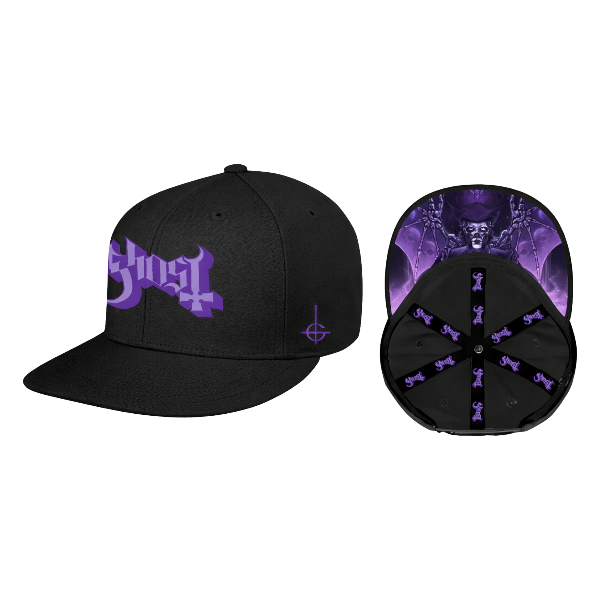 Black cap with purple logo and design on a white background
