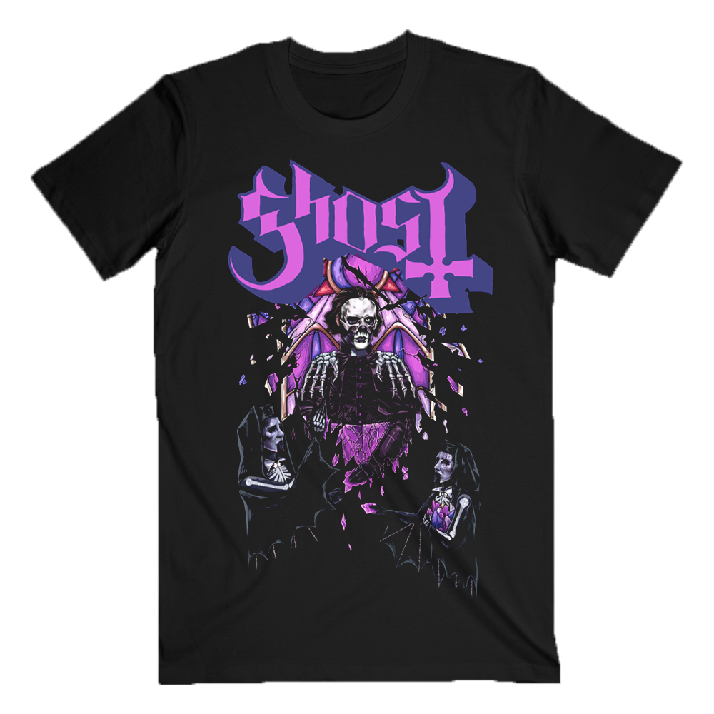 Black t-shirt with a graphic design featuring a skeleton and the word 'Ghost' in purple on a white background.