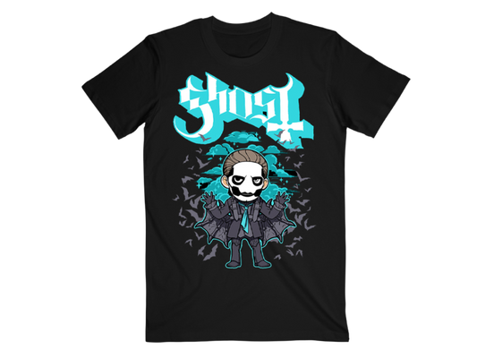 Black t-shirt with a graphic design featuring a character and 'Ghost' text on a white background