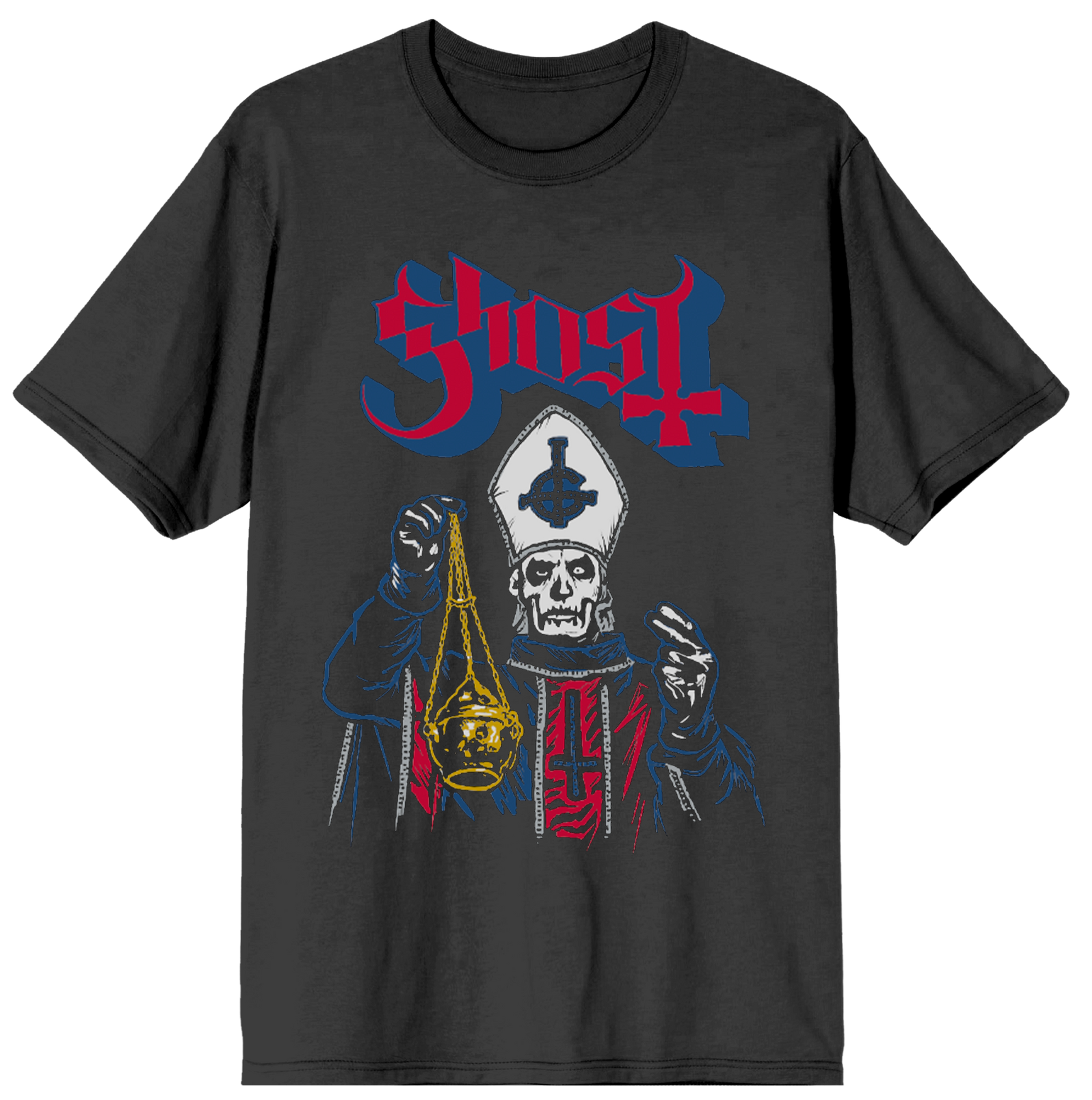 Black t-shirt with a graphic design featuring a skull in a robe holding a candle, with 'Ghost' logo above on a white background.