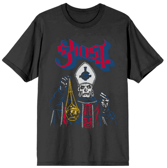 Black t-shirt with a graphic design featuring a skull in a robe holding a candle, with 'Ghost' logo above on a white background.