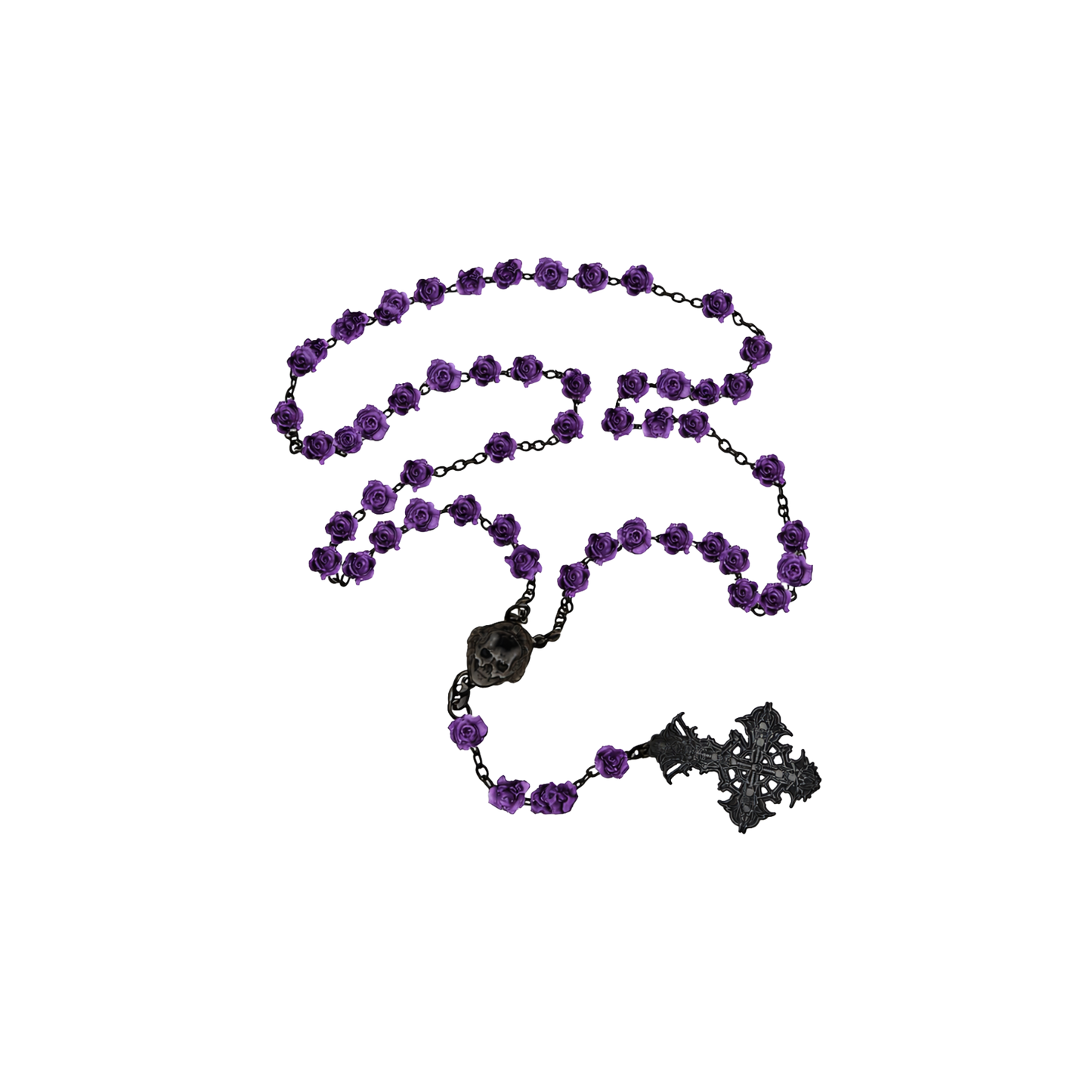 Purple rosary with black cross on a white background