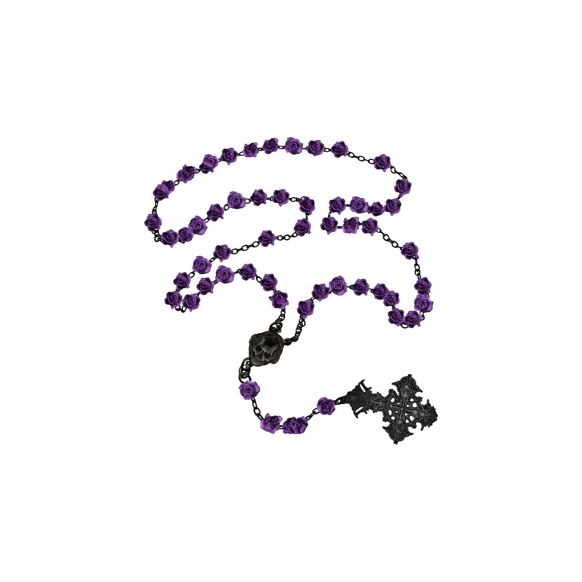 Purple rosary with black cross on a white background