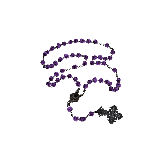 Purple rosary with black cross on a white background