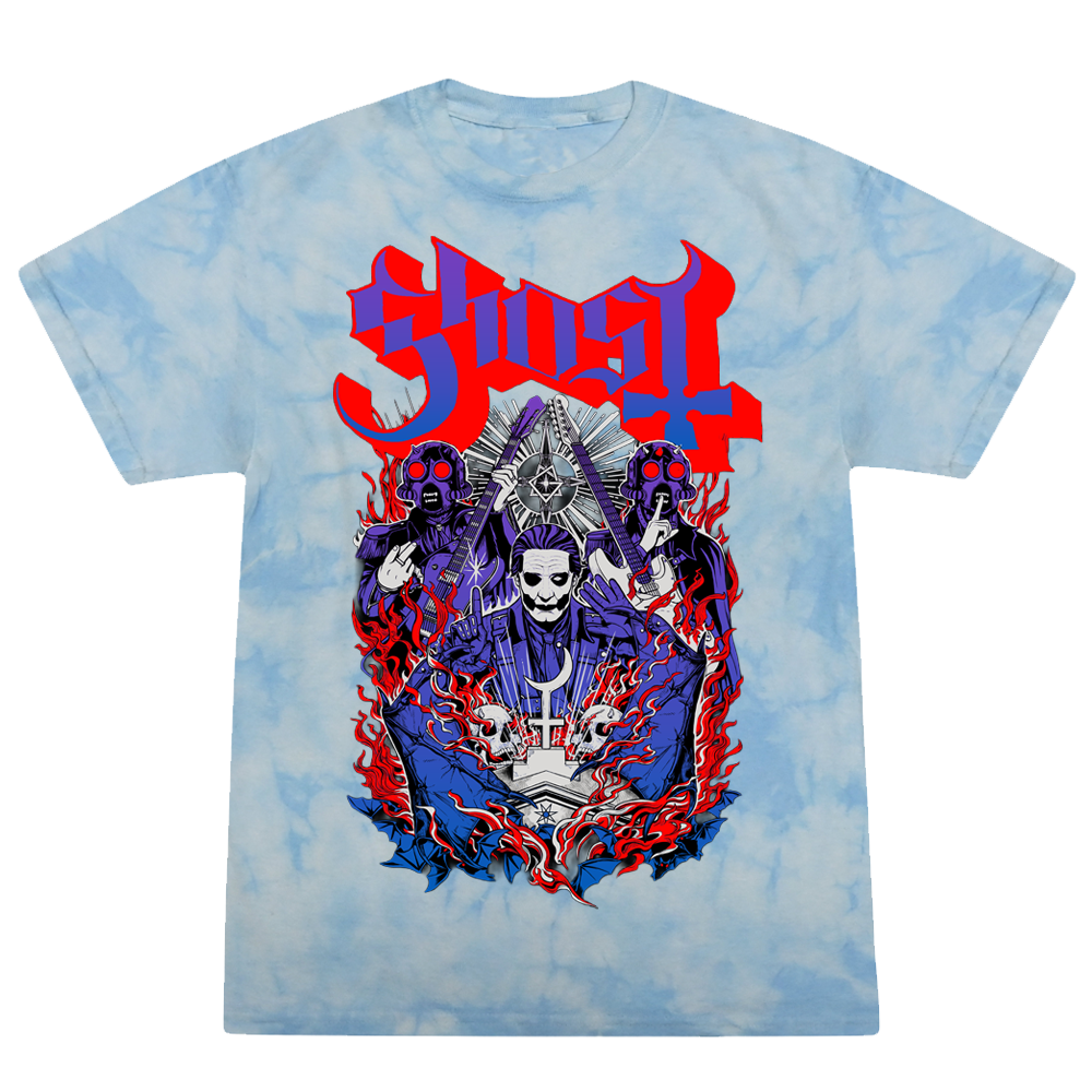 Tie-dye t-shirt with graphic design and 'Ghost' logo on a white background