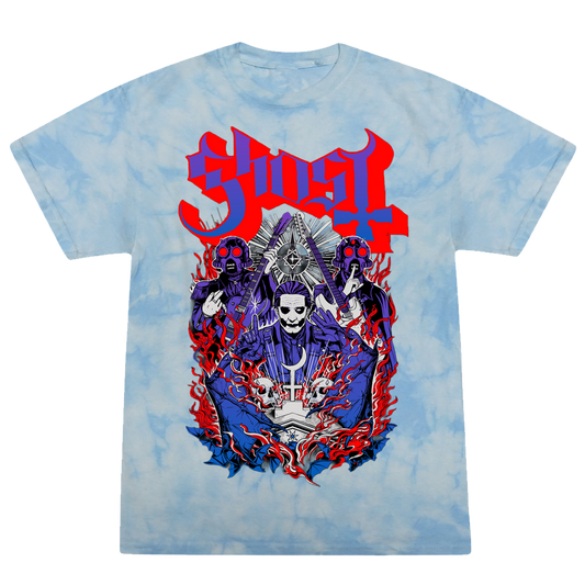 Tie-dye t-shirt with graphic design and 'Ghost' logo on a white background