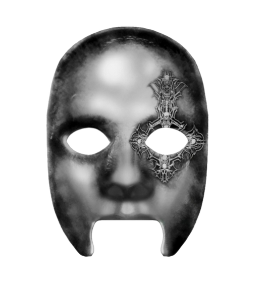 Black and silver mask with intricate design on a white background