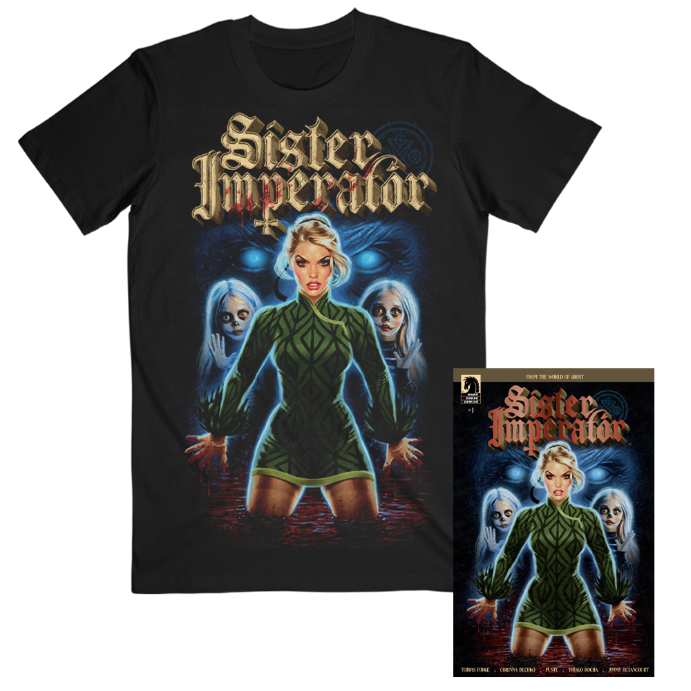 The Sister Imperator Comic Bundle includes the exclusive Sister Imperator Comic Book and matching T-Shirt, featuring a special design inspired by the comic's captivating cover art. This bundle delves into the mysterious origins of Sister Imperator, tracing her journey from her humble beginnings in small-town New England to her transformation into a commanding force within the Clergy.