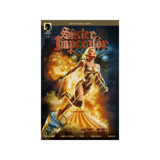 Comic book cover featuring a woman in a gold outfit with fiery background